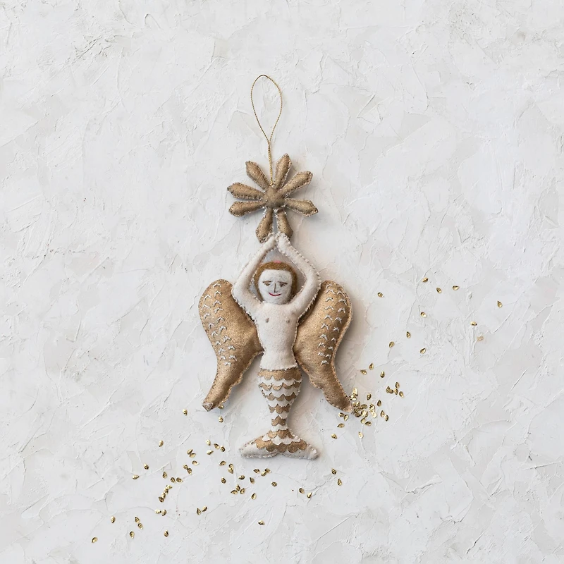 Hello Honey® 9.5" Cream & Gold Handmade Canvas & Wool Felt Angel Ornament with Embroidery