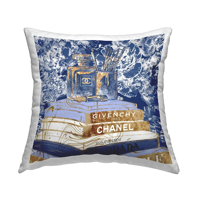 Stupell Industries Blue Fashion Book Pile Glam Designer Accessories Throw Pillow 18" x 18"