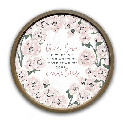 True Love Pink Florals Round Brown Framed Print
