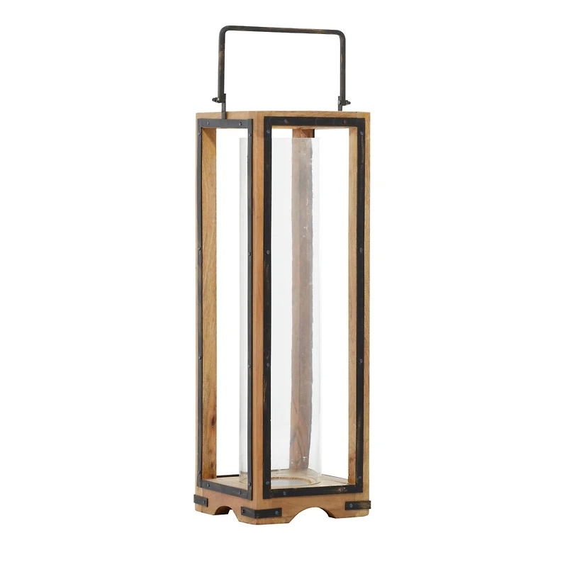 Brown Mango Wood Traditional Candle Holder Lantern, 31" x 8" x 8"