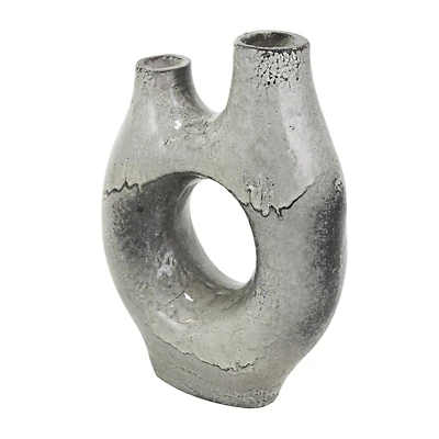 Gray Paper Mache Abstract Circular Vase with Dual Openings