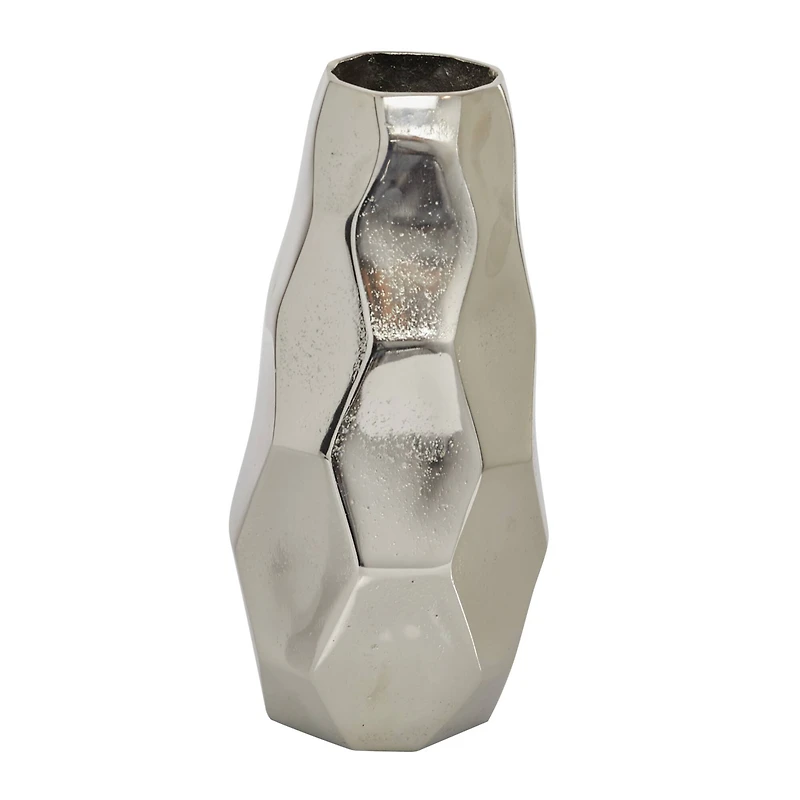 Contemporary Geometric-Style Metallic Silver Aluminum Vase, 12" x 5.7" x 5.4"