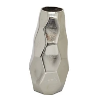 Contemporary Geometric-Style Metallic Silver Aluminum Vase, 12" x 5.7" x 5.4"