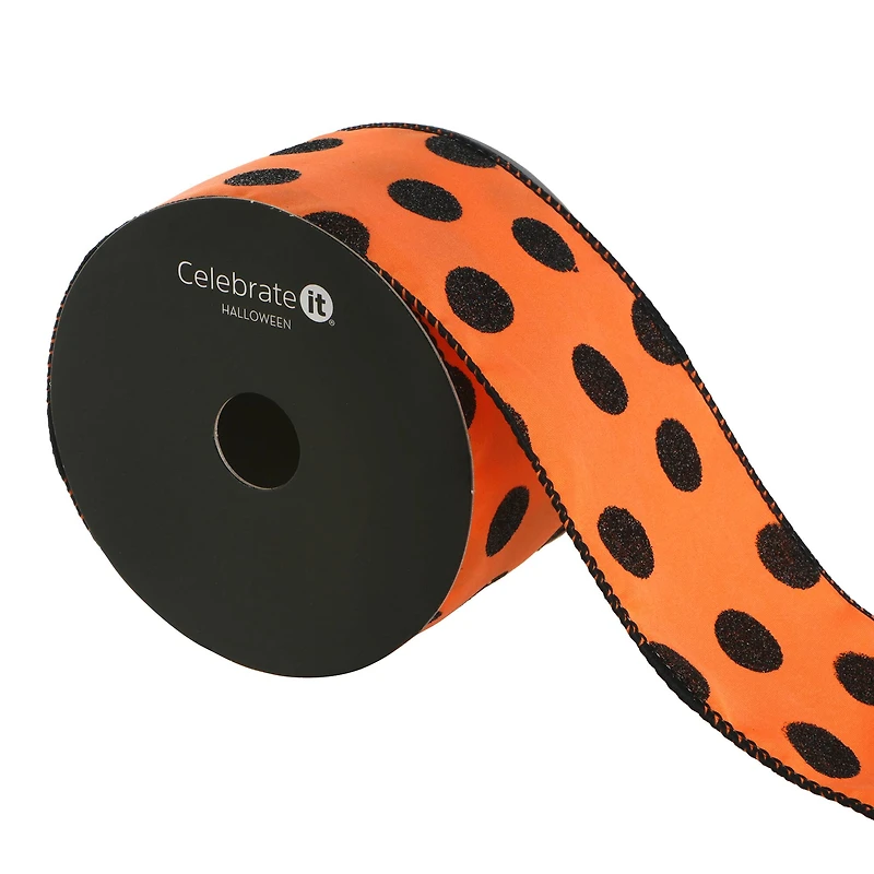 2.5" x 6.6yd. Orange with Black Glitter Dots Wired Faux Linen Ribbon by Celebrate It®