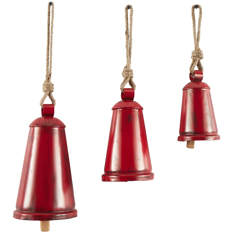 Red Metal Tibetan Inspired Decorative Cow Bells with Jute Hanging Rope Set