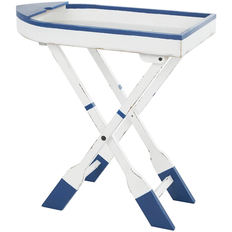 28" White & Blue Foldable Tray Top Accent Table