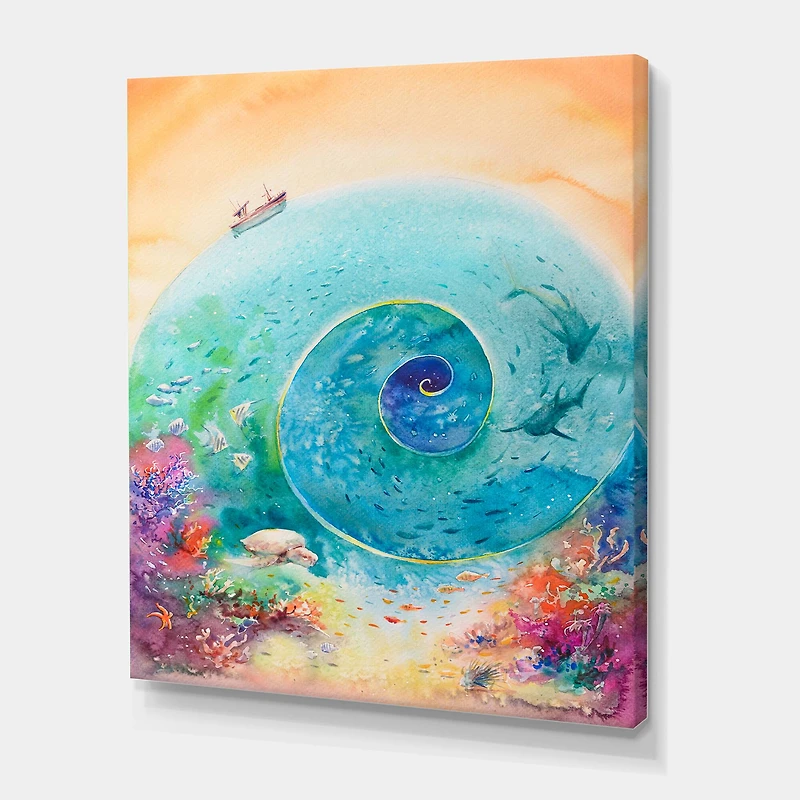 Designart - Turquoise Ocean Spiral With Coral Reef Fishes