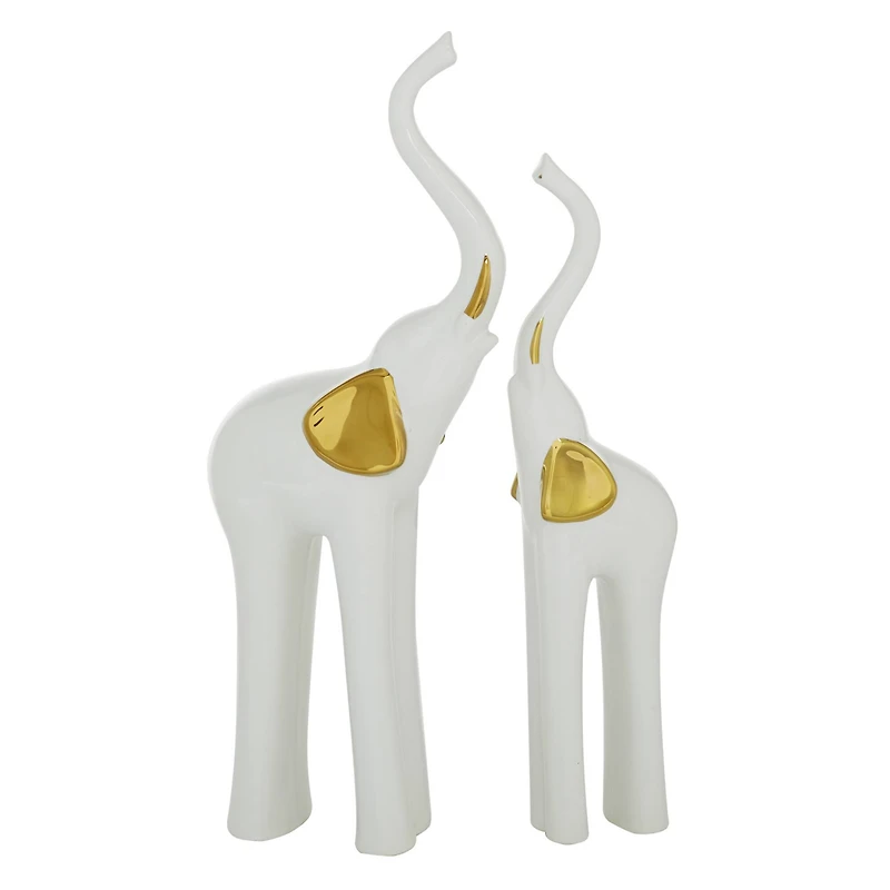 Set of 2 Gold Porcelain Glam Elephant Sculpture, 14", 16"