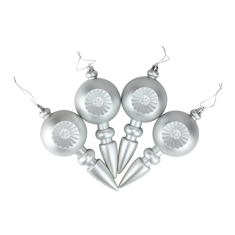 4ct. 7.5" Matte Silver Retro Reflector Shatterproof Christmas Finial Ornaments