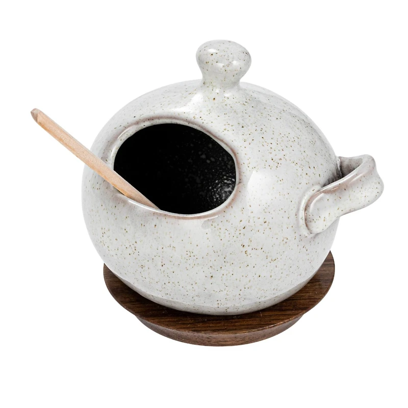 Hello Honey® 5.5" Cream Stoneware Salt Jar with Wood Spoon & Coaster
