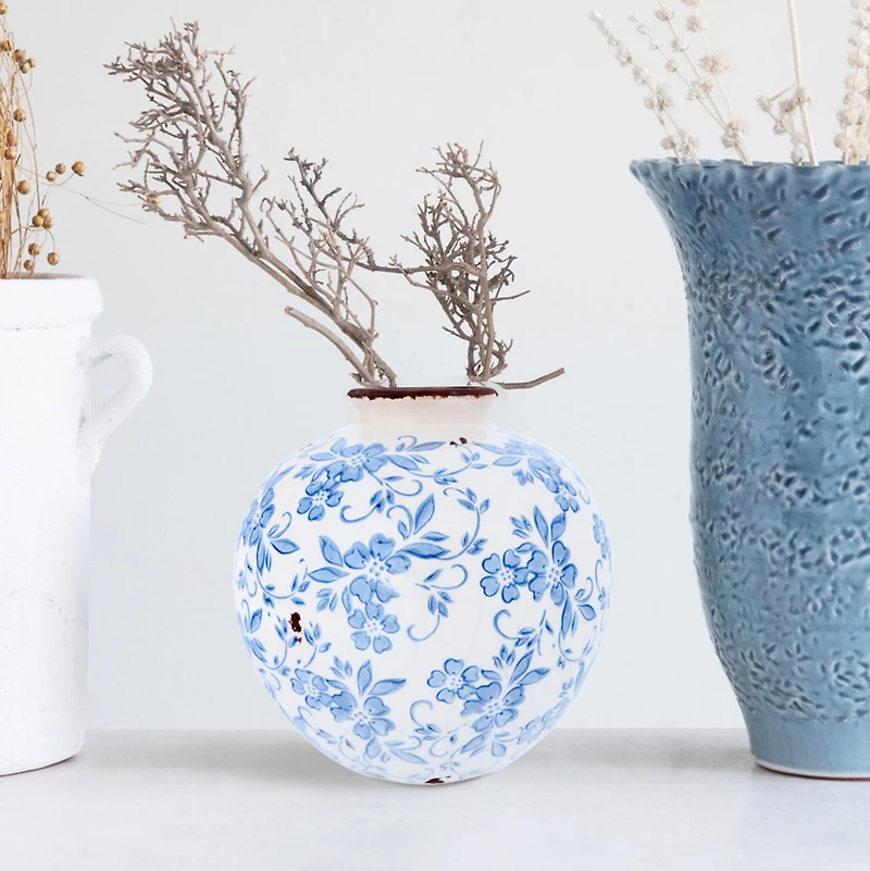 Hello Honey® 8" Blue & White Crackle Floral Terra Cotta Vase