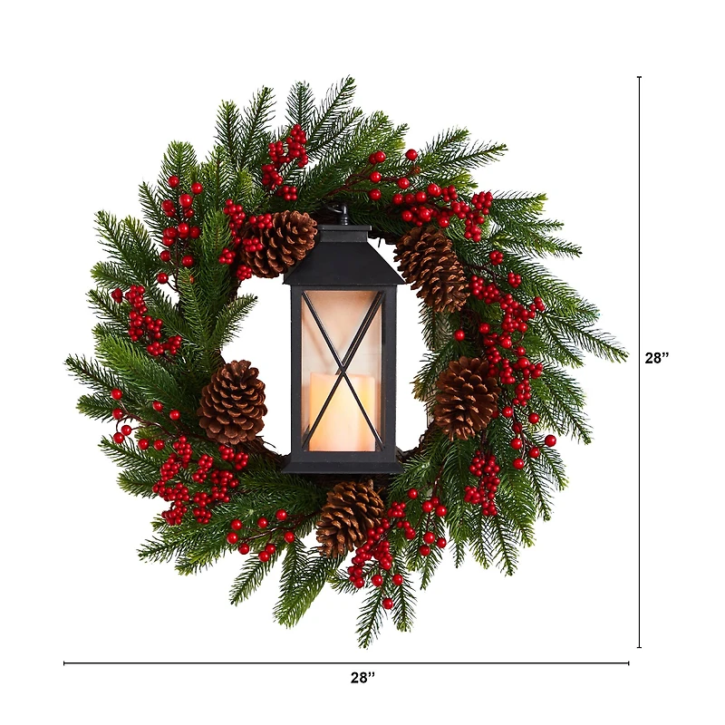 28" Berries & Pine Christmas Wreath with Lantern & Included LED Candle