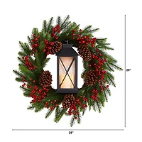 28" Berries & Pine Christmas Wreath with Lantern & Included LED Candle