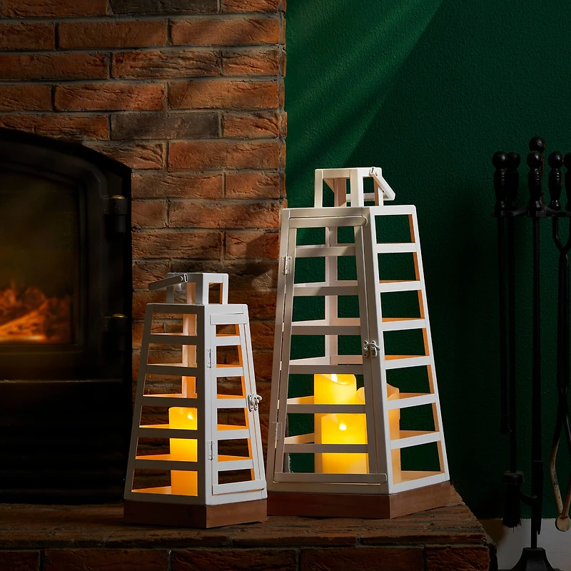 Glitzhome® White Modern Trapezoid Metal & Wood Lanterns Set
