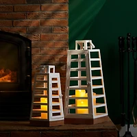 Glitzhome® White Modern Trapezoid Metal & Wood Lanterns Set