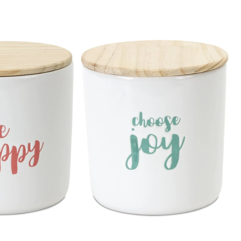 Happy Sentiment Stoneware Canisters with Wood Lids Set