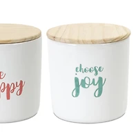 Happy Sentiment Stoneware Canisters with Wood Lids Set