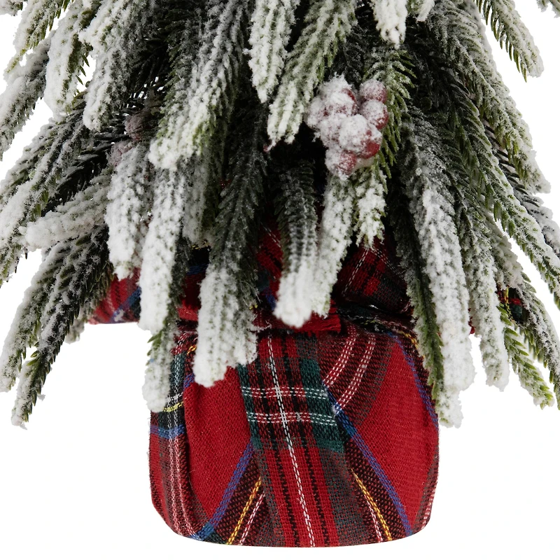 14" Unlit Mini Flocked Downswept Pine with Berries Artificial Christmas Tree