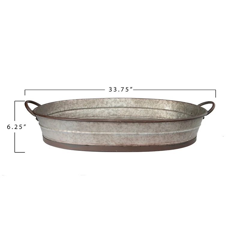 Hello Honey® 34'' Gray Oval Distressed  Galvanized Metal Tray with Handles