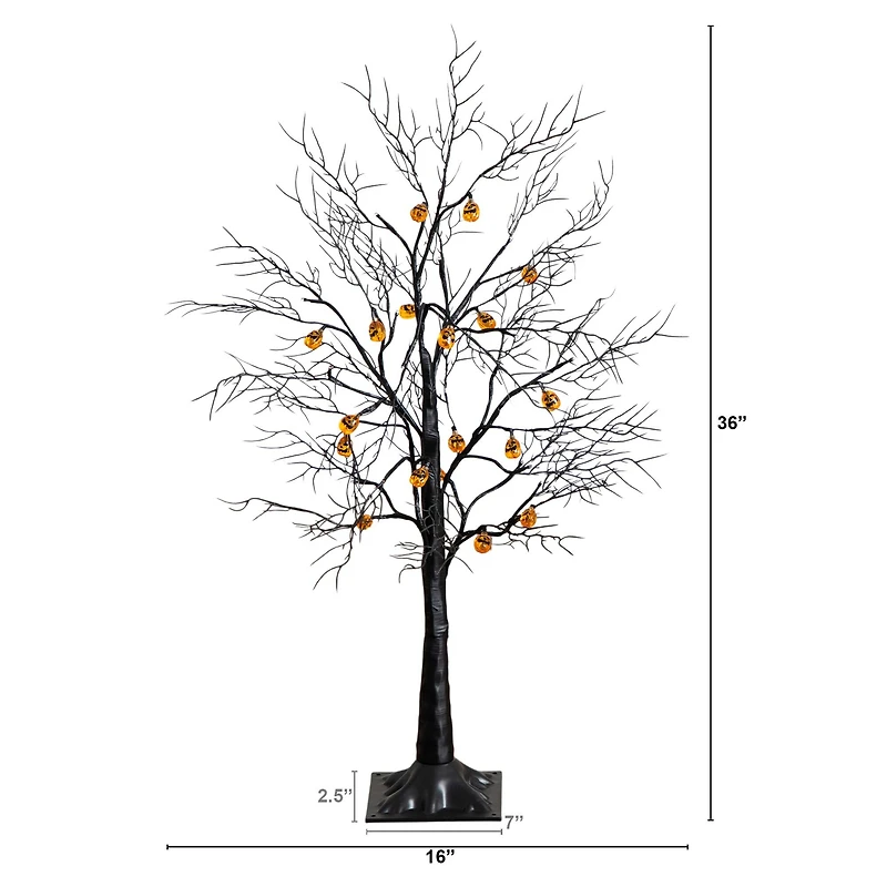 3ft. Pre-Lit Artificial Halloween Black Twig Tree with 18 Orange LED Pumpkin Shaped Lights