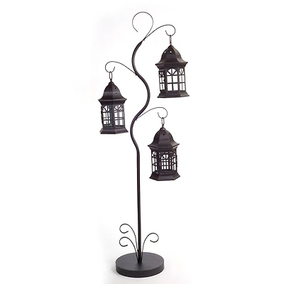 51.25'' Antique Brown and Black Metal Triple Lantern Tree