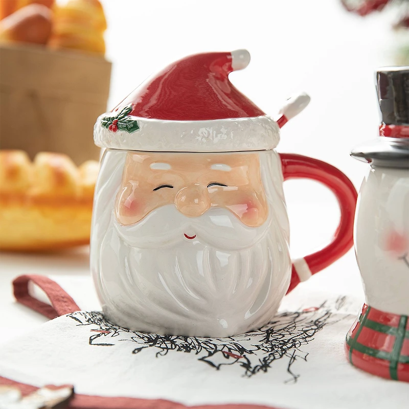 Glitzhome® Christmas Ceramic Santa & Snowman Mug with Lid & Spoon Set