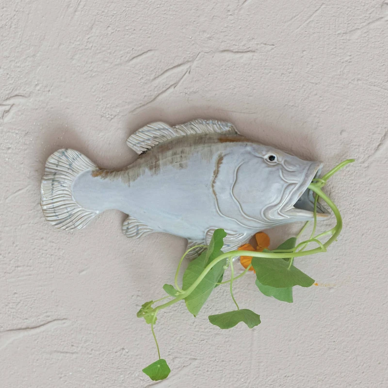 Hello Honey® 11.75" White & Tan Reactive Glaze Stoneware Fish Shaped Wall Vase