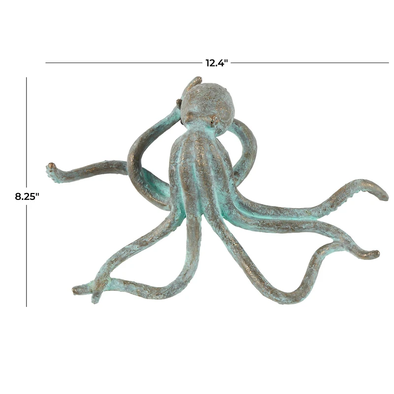 12" Blue Polystone Octopus Distressed Patina Sculpture with Gold Foil Accents