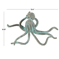 12" Blue Polystone Octopus Distressed Patina Sculpture with Gold Foil Accents