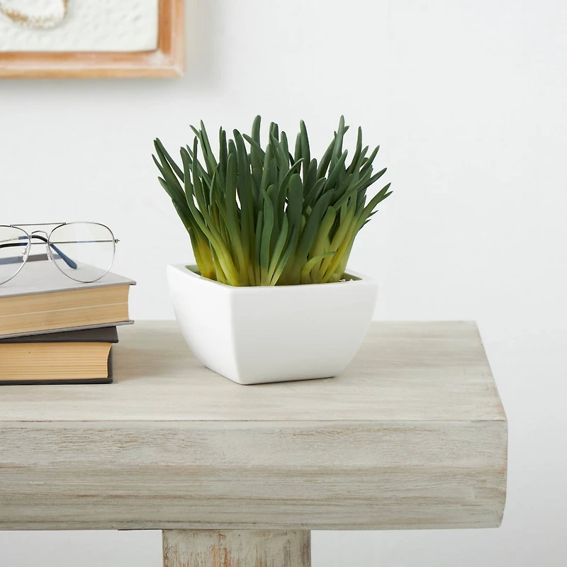 8" Green Foliage Artificial Plant with White Ceramic Pot