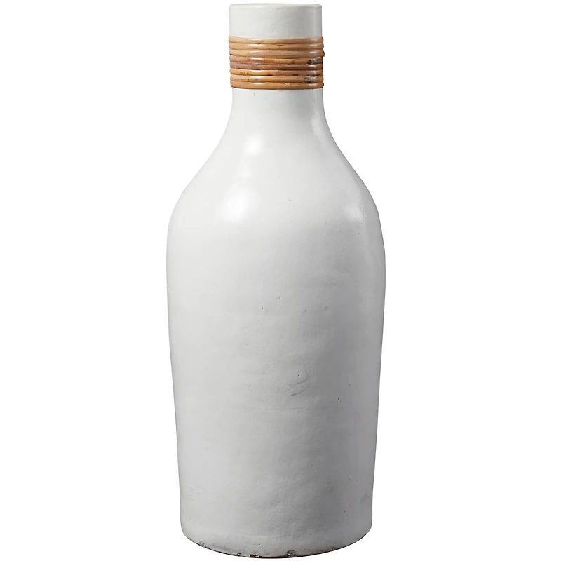 20" White Ceramic Vase with Wrapped Rattan Detailing
