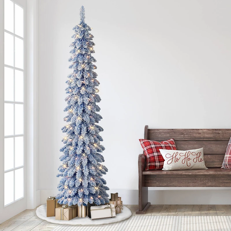 7ft. Pre-Lit Flocked Blue Artificial Alpine Pencil Christmas Tree, Clear Lights