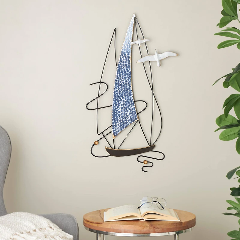 Blue Metal Sailboat Wall Decor with Black Wire Frame and White Bird Accents