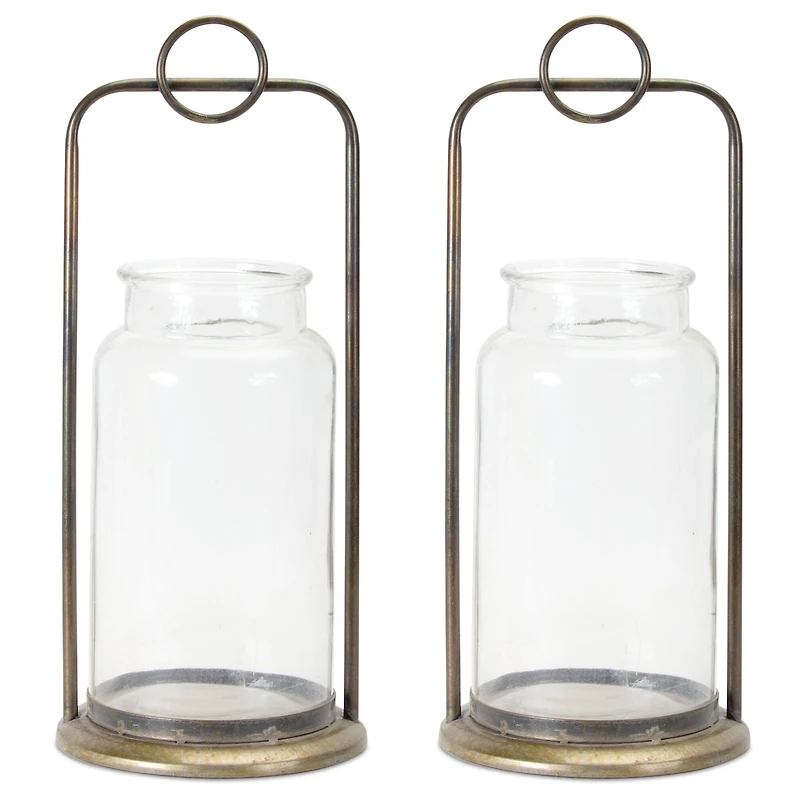 19.5" Iron & Glass Jar Candle Holder Set