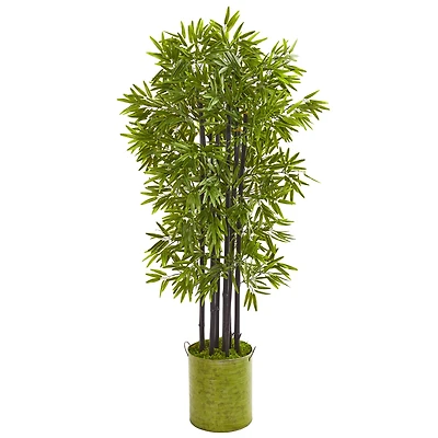 5ft. Bamboo Tree with Black Trunks in Green Tin Planter