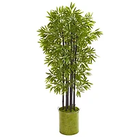 5ft. Bamboo Tree with Black Trunks in Green Tin Planter