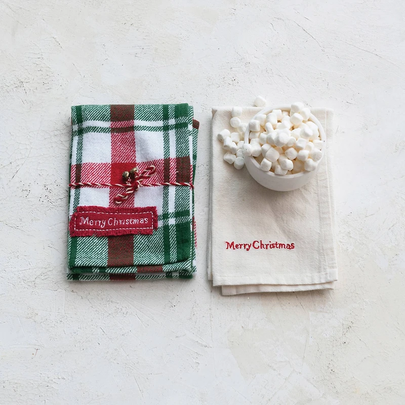 Hello Honey® 28" Brushed Cotton Flannel & Linen Tea Towel with Merry Christmas Embroidery Set
