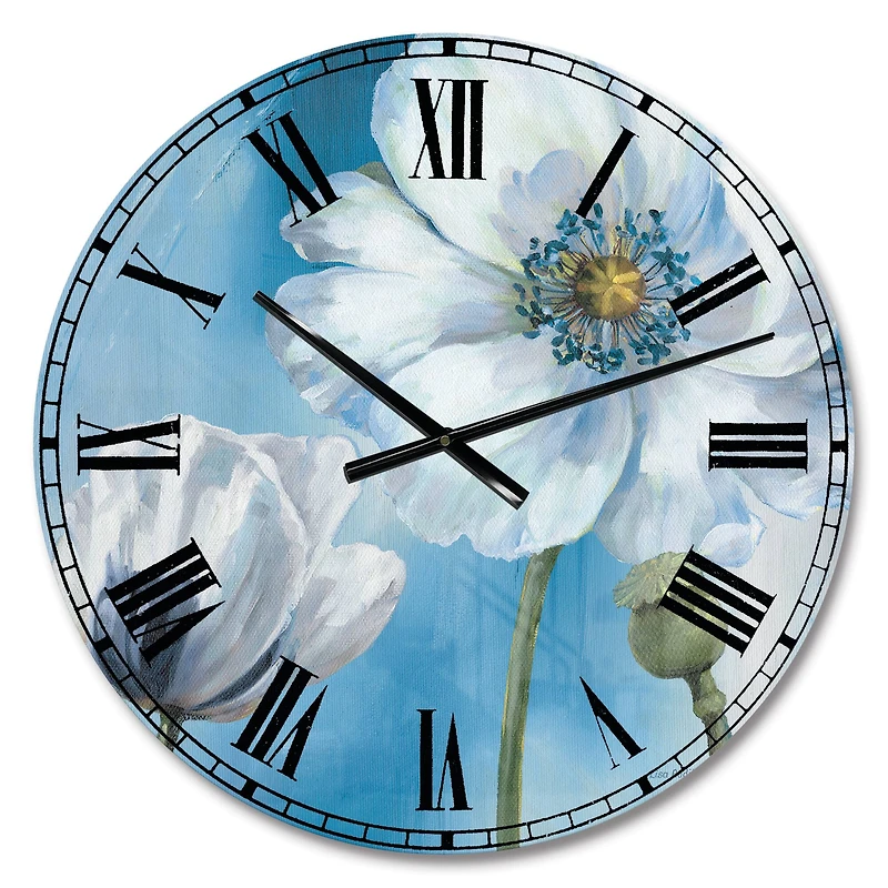Designart 'Handpainted White Flower On Blue I Farmhouse Wall Clock