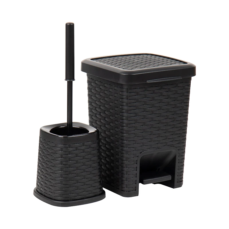 Mind Reader Wicker Style Square Wastepaper Pedal Basket & Toilet Brush Bathroom Set