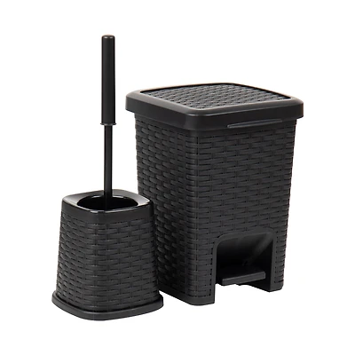 Mind Reader Wicker Style Square Wastepaper Pedal Basket & Toilet Brush Bathroom Set