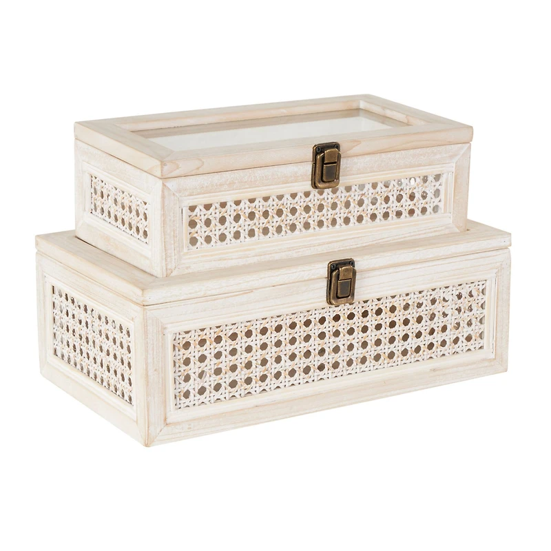 Cream Metal Handmade Woven Storage Box with Bronze Latches & Tempered Glass Tops Set