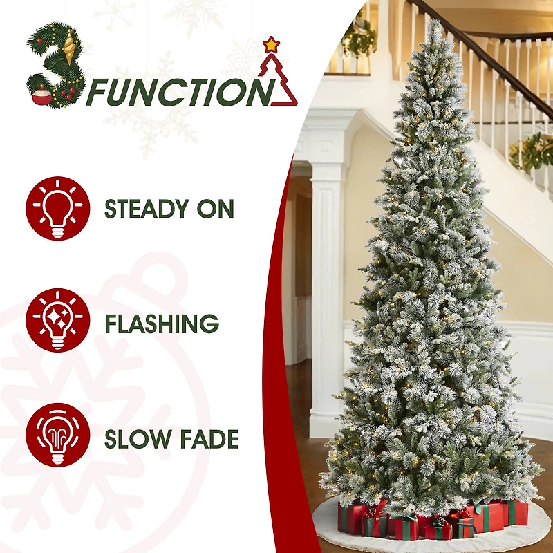 Glitzhome® 11ft Pre-Lit Flocked Slim Pine Artificial Christmas Tree, Warm White LED Lights