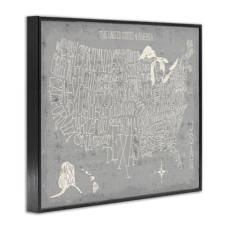 Stupell Industries Grey Distressed US Map Playful Typography Framed Giclee Art