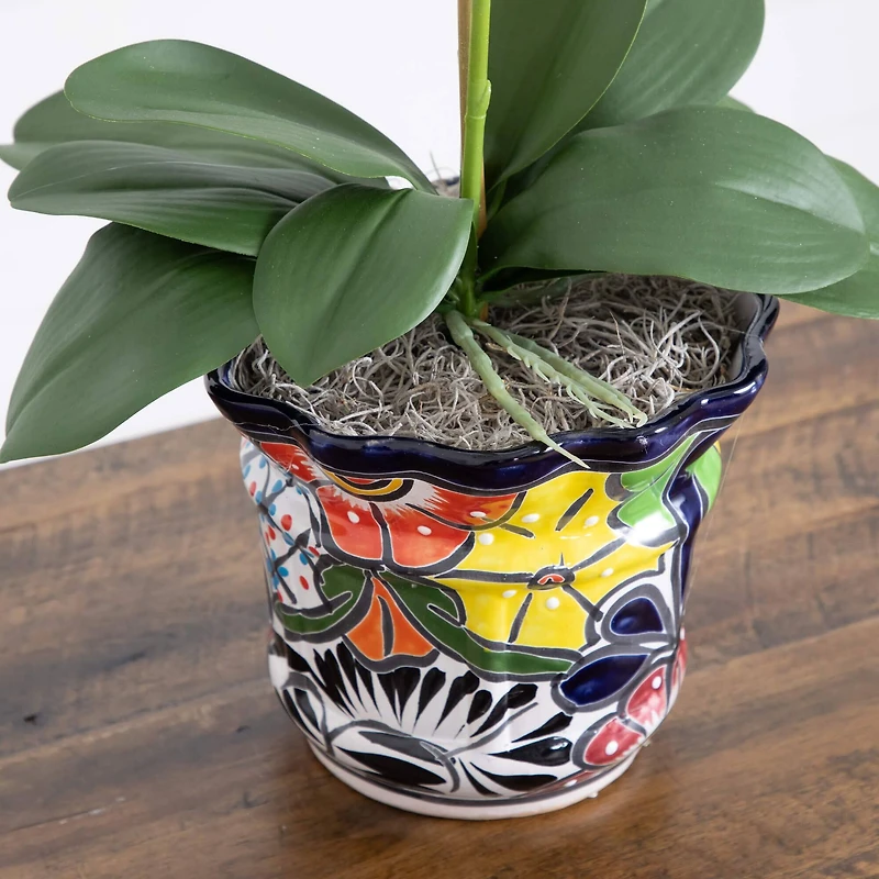 2ft. Artificial Double Orchid Arrangement in Handmade Mexican Talavera Ceramic Planter