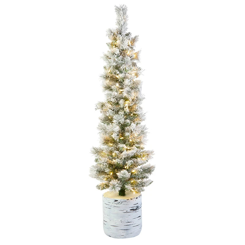 4.5ft. Pre-Lit Snowy Methow Pencil Artificial Christmas Entrance Tree in White Ceramic Base, Warm White LED Lights
