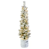 4.5ft. Pre-Lit Snowy Methow Pencil Artificial Christmas Entrance Tree in White Ceramic Base, Warm White LED Lights