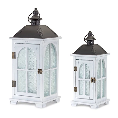 White Wood & Metal Lantern Set, 14.5" & 19.25"