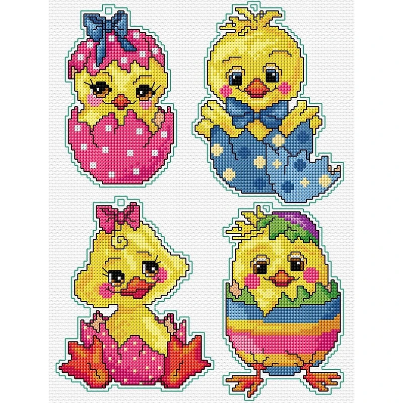 Orchidea Plastic Canvas Counted Cross Stitch Kit With Plastic Canvas Easter Chicken Set of 4 Designs