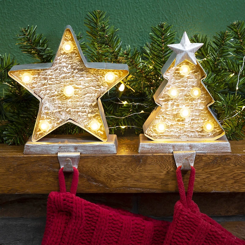 Glitzhome® 8" Marquee LED Christmas Tree & Star Wooden & Metal Stocking Holder Set