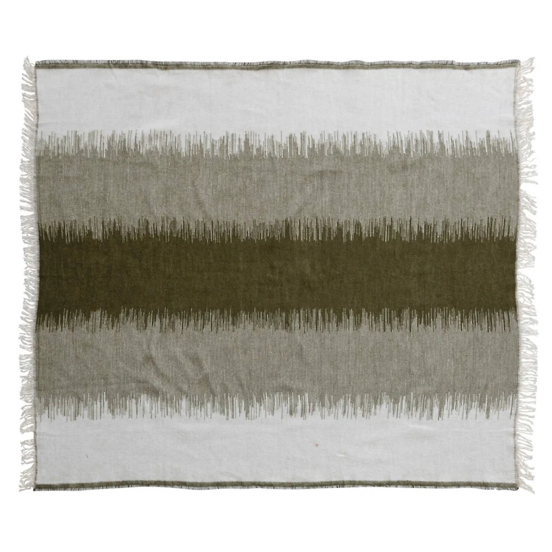 Hello Honey® Green and White Woven Cotton Blend Throw Blanket with Stripes and Fringe